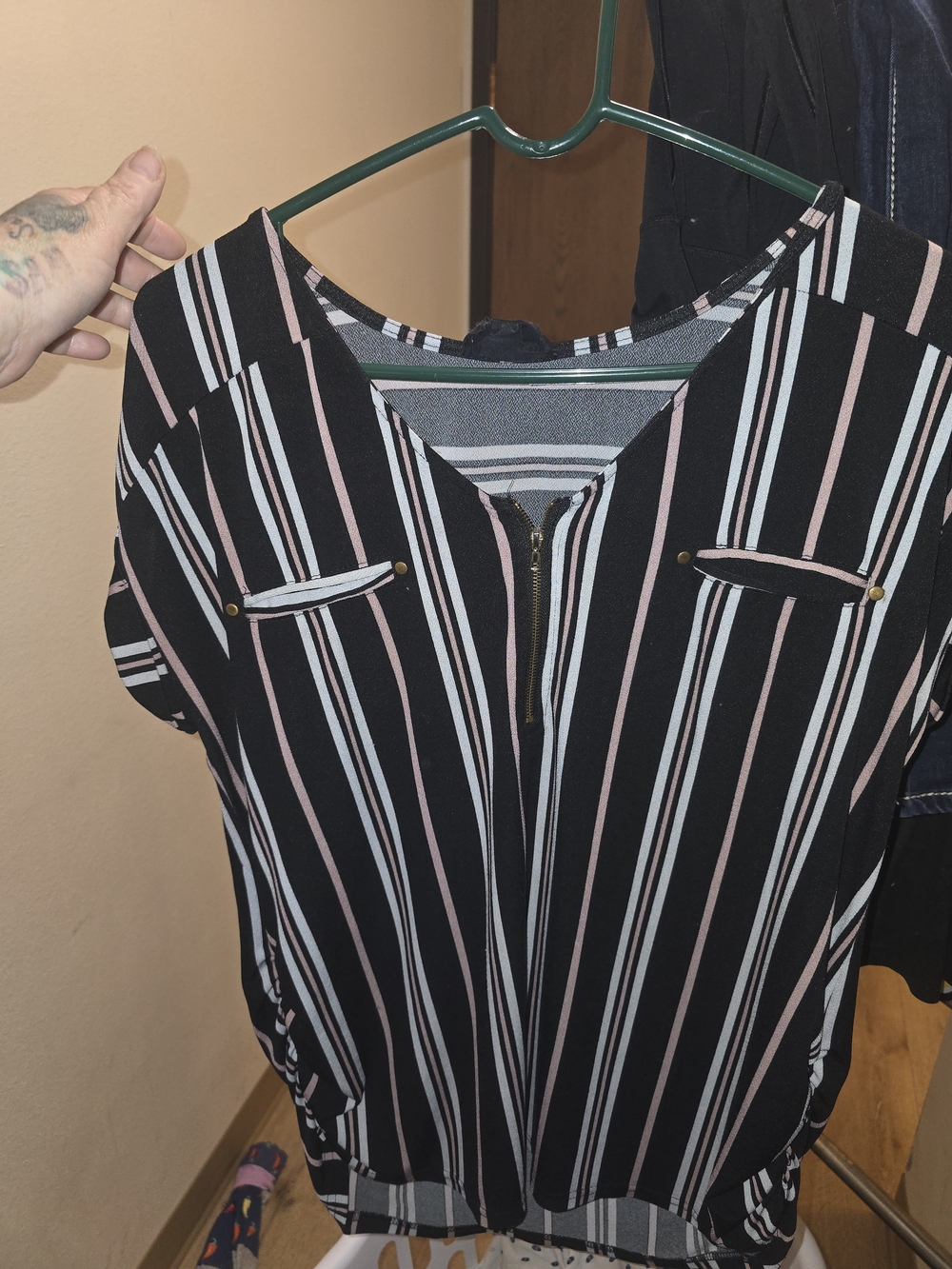 Sweet Wanderer Black Blouse with Pink and White Stripes